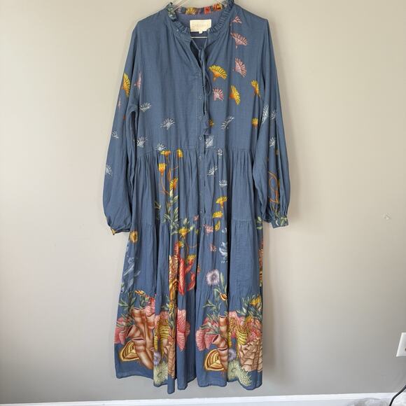 Carolina K Maxi Dress Blue Floral Prints Button Front Size S Long Puff Sleeves - Picture 4 of 11